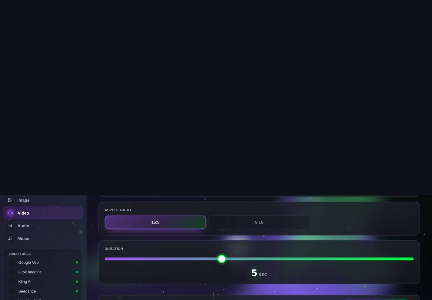 The settings panel for this model in the Lab’s video studio — the price updates before you click Generate.