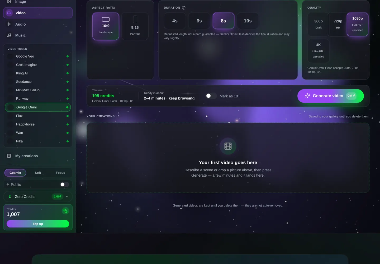 The settings panel for this model in the Lab’s video studio — the price updates before you click Generate.