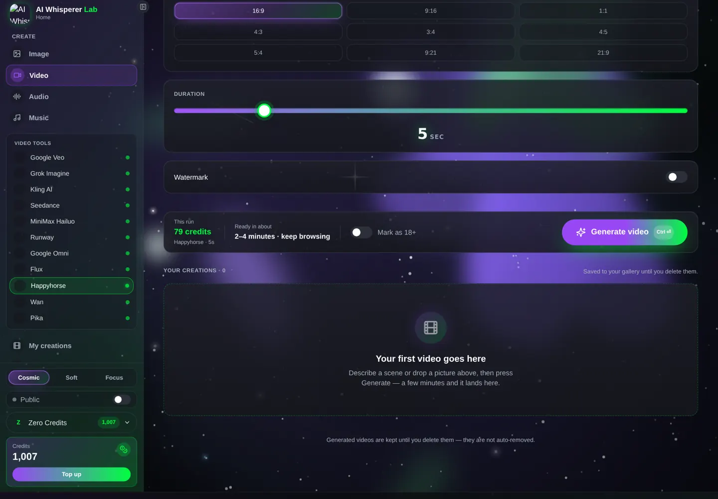 The settings panel for this model in the Lab’s video studio — the price updates before you click Generate.
