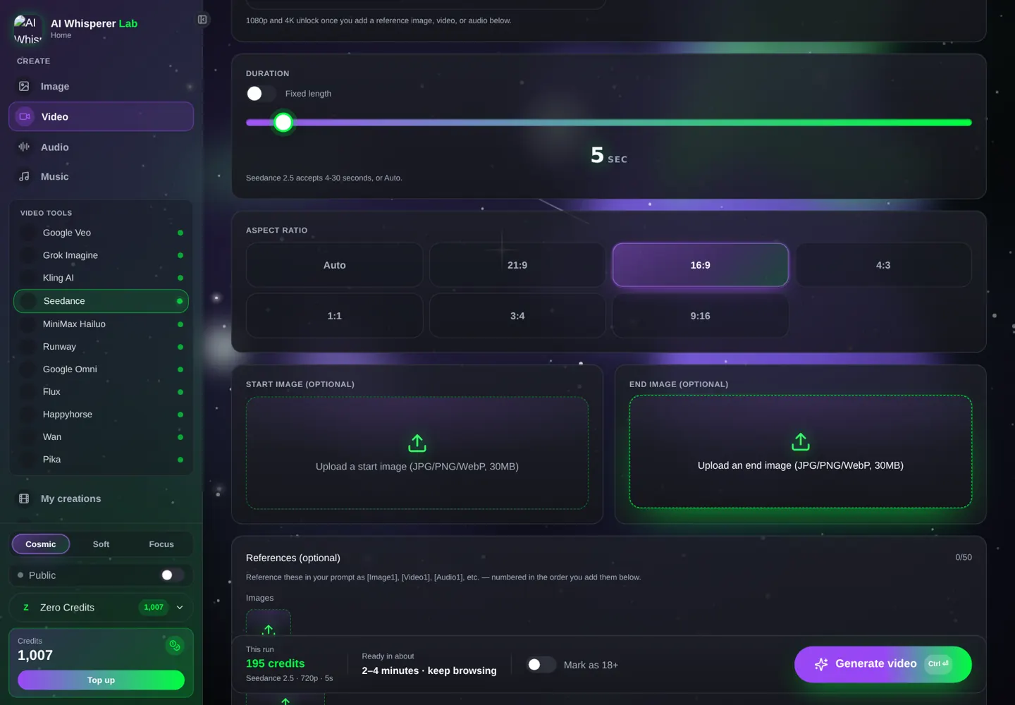 The settings panel for this model in the Lab’s video studio — the price updates before you click Generate.
