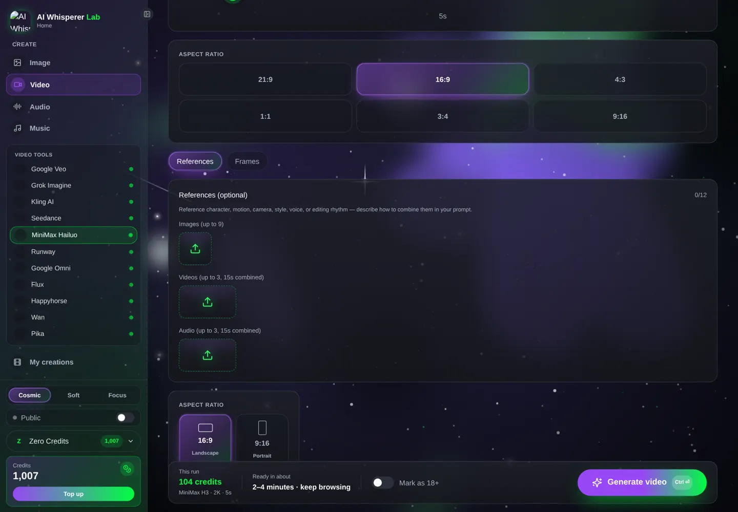 The settings panel for this model in the Lab’s video studio — the price updates before you click Generate.